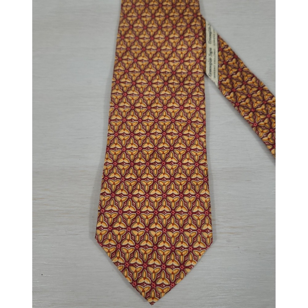 Ermenegildo Zegna‎ Red Orange Geometric Floral Print Silk Tie Made In Italy